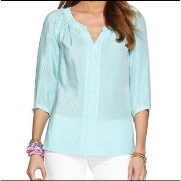 Lilly Pulitzer Tops - Lilly‎ Pulitzer Moxy 3/4 Sleeve 100% Silk Blouse Turquoise White Stripe Small